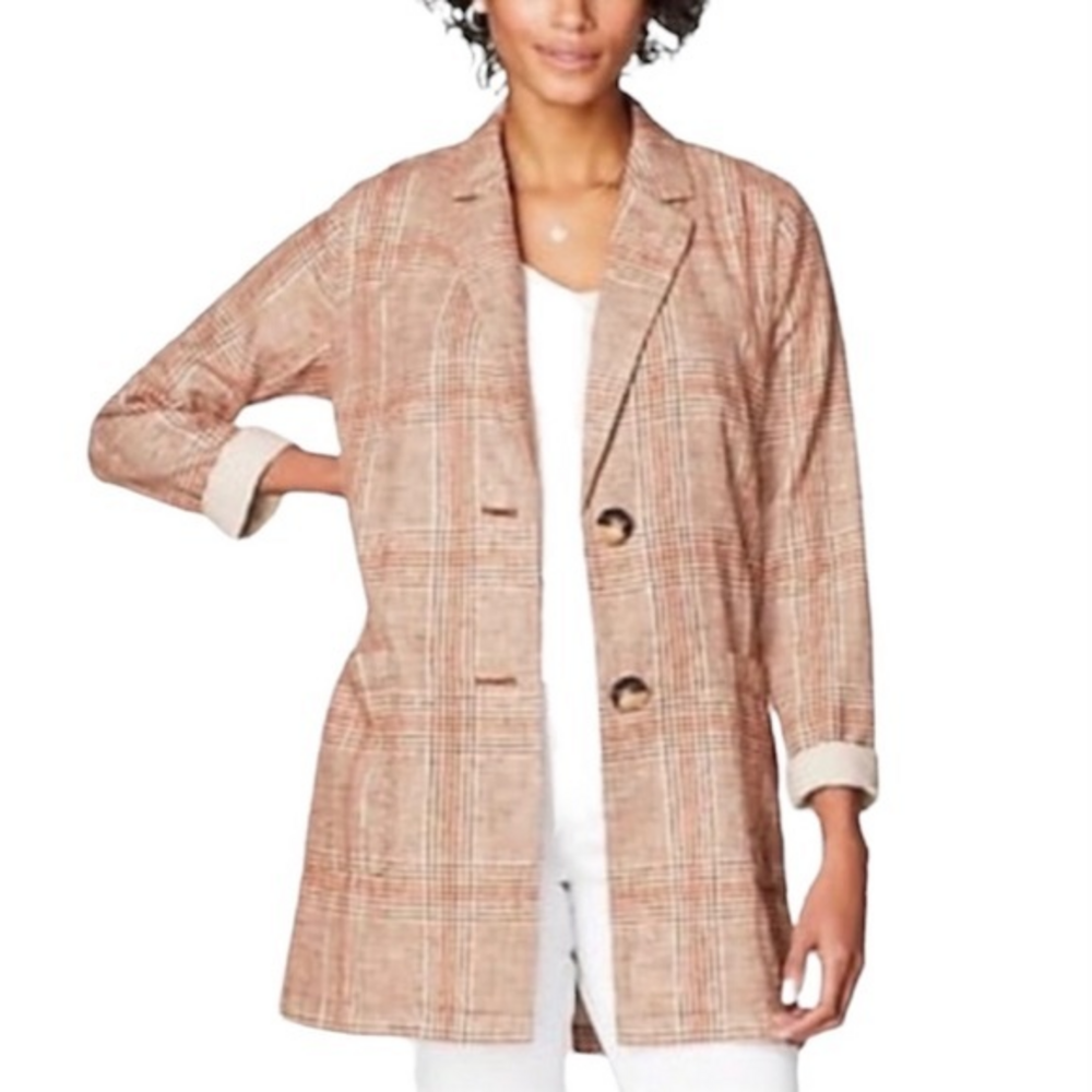 NWT J.Jill Henna Plaid Checkered Relaxed Linen‎ Cotton Blend Boyfriend Blazer